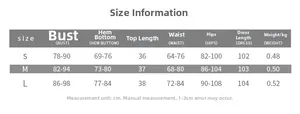 Detailed size chart for women's three-piece printed dress set with bust and waist measures