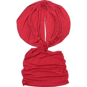 Detail of red sexy backless mini dress with twist knot cutout and side ruched fabric