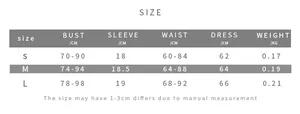 Size chart showing S, M, L dimensions for the polka dot bow mini dress in detail
