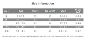 Größentabelle für figurbetontes Mesh-Langarmshirt mit Maßen für Brust und Taille in cm