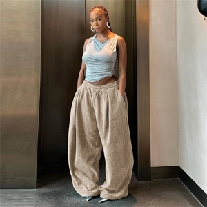 Women High Waist Corduroy Wide Leg Pants Loose Casual Straight Trousers Solid Color Fashion Autumn Streetwear Long Pants