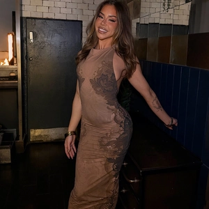 Slim fit backless maxi dress in brown with vintage black floral lace prints
