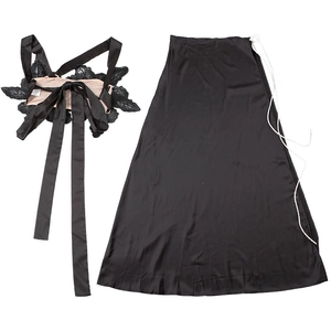 Detail of black lace camisole top with satin straps and matching satin maxi skirt set