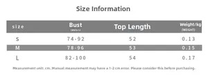 Size guide for high neck cropped top including bust, length and weight in cm and kg