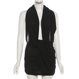 Detail of ruched texture and V-neckline on a black bodycon halter mini dress