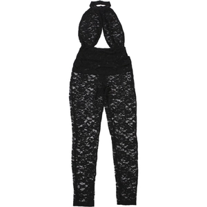 Close-up of black lace halter neck jumpsuit with sheer texture and midriff cutout detail