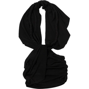 Detail of black knit halter dress featuring textured pleats and woven rope trim detail
