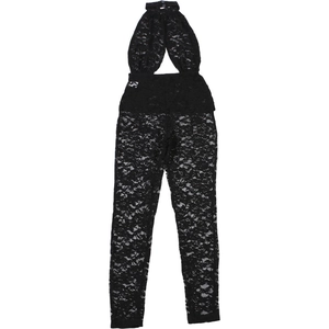 Detailed view of black floral lace jumpsuit featuring halter neck and backless cutout design