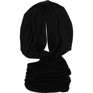 Detail of black elastic knitted fabric with elegant draped folds and wrap design