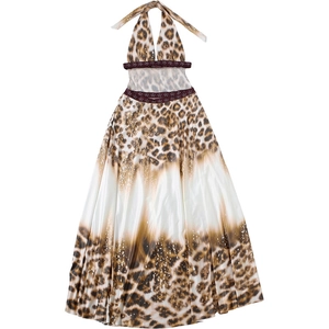Détail de la robe licou léopard avec bordure en strass violets et design dos nu sexy