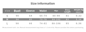 Polka dot backless mini dress size chart with bust, waist, and length measurements in cm