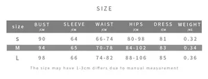 Detailed size chart for the polka dot mini dress showing bust waist and length in cm