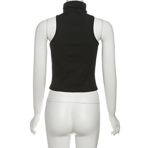 Detailed back view of a black sleeveless high-neck crop top with a sleek fitted design