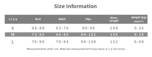 Size chart for halter backless fringe dress with S, M, L bust, waist, and hip measurements