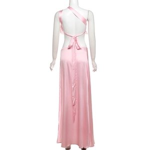 Detail of pink satin open back dress featuring long ties and delicate lace trim details