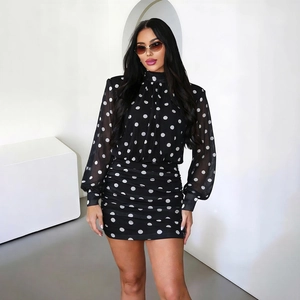 Detail of high neck polka dot dress with long sheer sleeves and side ruching