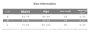 Detailed size chart for sexy cutout fringe mini skirt showing waist and hip measurements