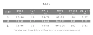 Größentabelle für das zweiteilige Set aus Bandeau-Top und transparentem Maxirock
