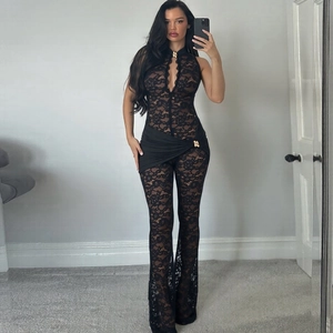 Combinaison Sexy en Dentelle Sans Manches pour Femme Ajourée Taille Haute Jambe Évasée Pantalon Long Fête Slim Fit