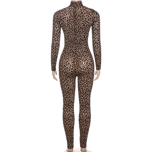Detailed back view of sexy leopard print long sleeve bodycon jumpsuit for women