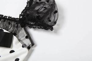 Detailed macro view of polka dot fabric with black mesh lace and satin bow accent
