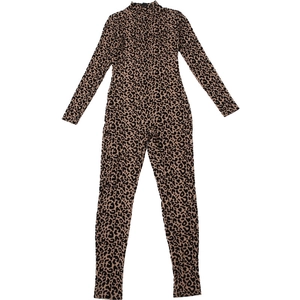 Detail of leopard print long sleeve bodysuit featuring high neck and slim fit knit fabric
