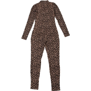 Detailed view of long sleeve leopard print jumpsuit with high neck and slim fit style