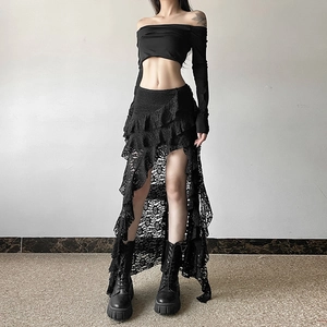 Gothic black two-piece set with off-shoulder long sleeve crop top and irregular lace skirt