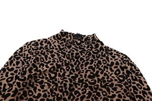 Close-up of leopard print mock neck with sheer mesh fabric and flocked velvet detail