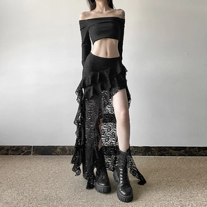 Sexy black cutout long sleeve crop top with irregular lace fringe mini skirt for women