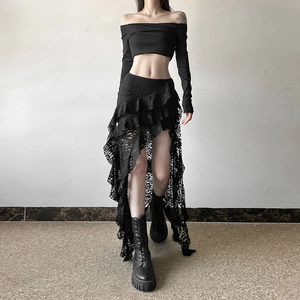 Black asymmetric lace mini skirt with ruffled layers and avant-garde gothic style fringe