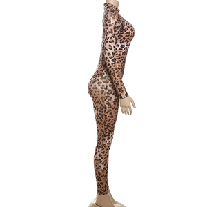 Close-up of leopard print mesh jumpsuit with high neck and slim fit long sleeves