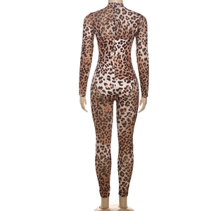 Detail view of the seamless back and leopard print pattern on this slim fit mesh jumpsuit