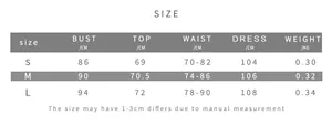 Detailed size guide for backless halter top and high slit skirt set showing S to L dimensions