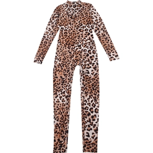 Detailed view of long sleeve leopard print bodysuit with high neck and slim fit mesh