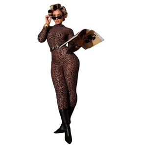 Leopard print long sleeve catsuit with high neck and slim fit silhouette for women