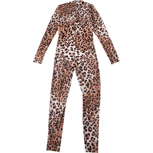 Close-up of mesh leopard print bodysuit featuring slim fit and long sleeves