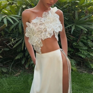 Women Sexy One Shoulder 3D Flower Sequin Top And Satin High Split Maxi Skirt Party Wedding Vacation Outfits Night Club