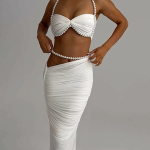Elegantes Künstliche Perlen Dekor Halter Tube Top Und Raffrock Set Sexy Rückenfreie Outfits Für Damen Party Bankett Clubwear