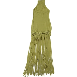 Detail of green halter dress featuring braided waist design and long fringe hemline