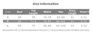 Detailed size chart for solid color bodysuit dress showing measurements for S, M and L