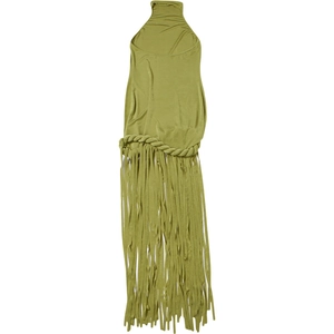 Detail of the grass green halter neck dress with waist knot and long fringe hem