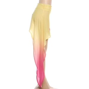 Detail of gradient yellow to pink chiffon dance skirt with loose asymmetric side ribbons
