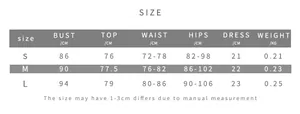Size guide table for sexy solid bodysuit and hip skirt set showing S M L dimensions