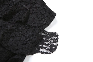 Detailed close-up of intricate black floral lace fabric with semi-transparent texture