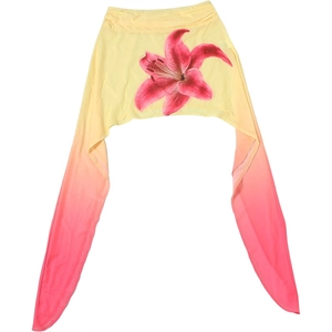 Close-up of lightweight gradient bolero shrug with realistic pink lily floral print