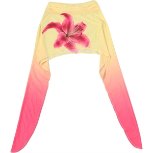 Detail of floral lily print on the back of a gradient yellow and pink bolero shrug