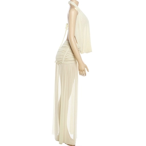 Detail view of cream white halter neck top and side ruched high slit maxi skirt