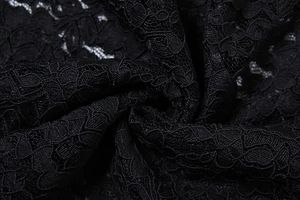 Close-up of black lace fabric with delicate floral patterns and hollow out mesh details