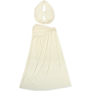 Detail of cream halter top with draped neck and high waist side ruched long skirt set